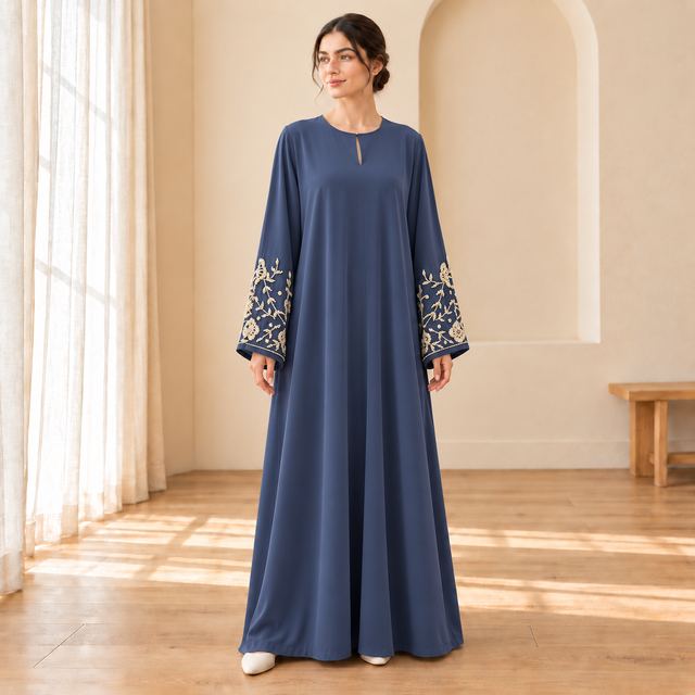 Abaya bleu ardoise aux poignets perlés
