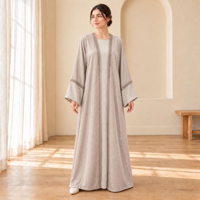 Abaya champagne dans un intérieur chaleureux