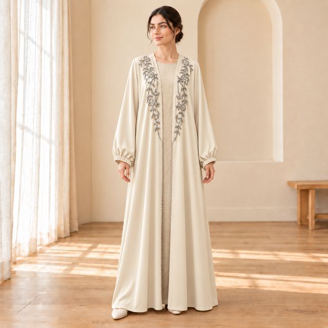 Abaya champagne ivoire aux ornements floraux