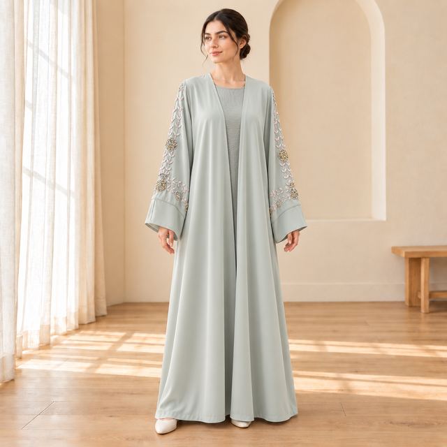 Abaya sauge aux manches brodées