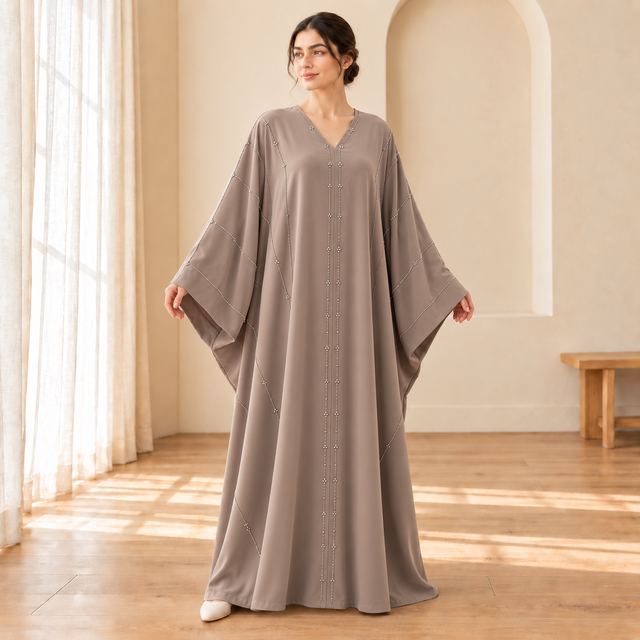 Abaya taupe fluide à manches papillon