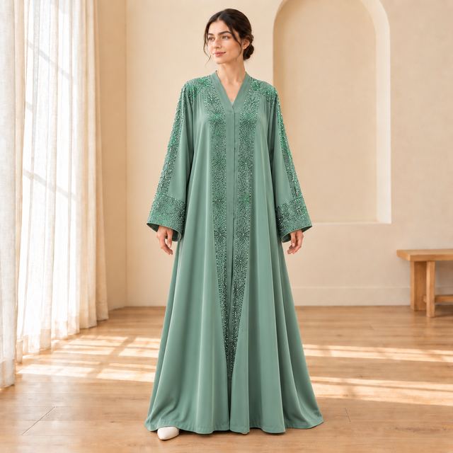Abaya vert sauge ornée de strass