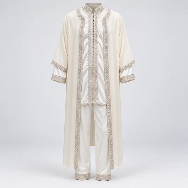 Bisht Ivoire, ensemble 3 pièces brodé