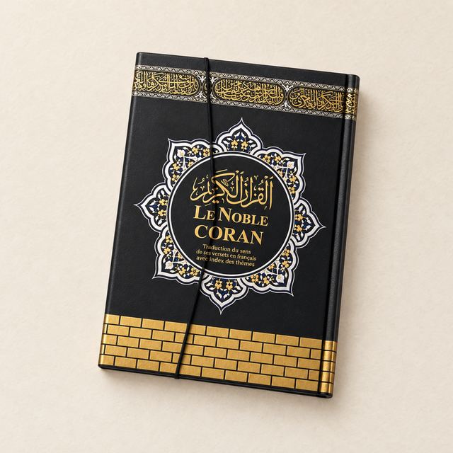 Le Noble Coran, couverture noire ornée d’une frise inspirée de la Kaaba