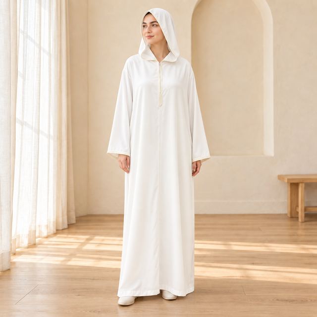Djellaba ivoire à capuche, coupe fluide