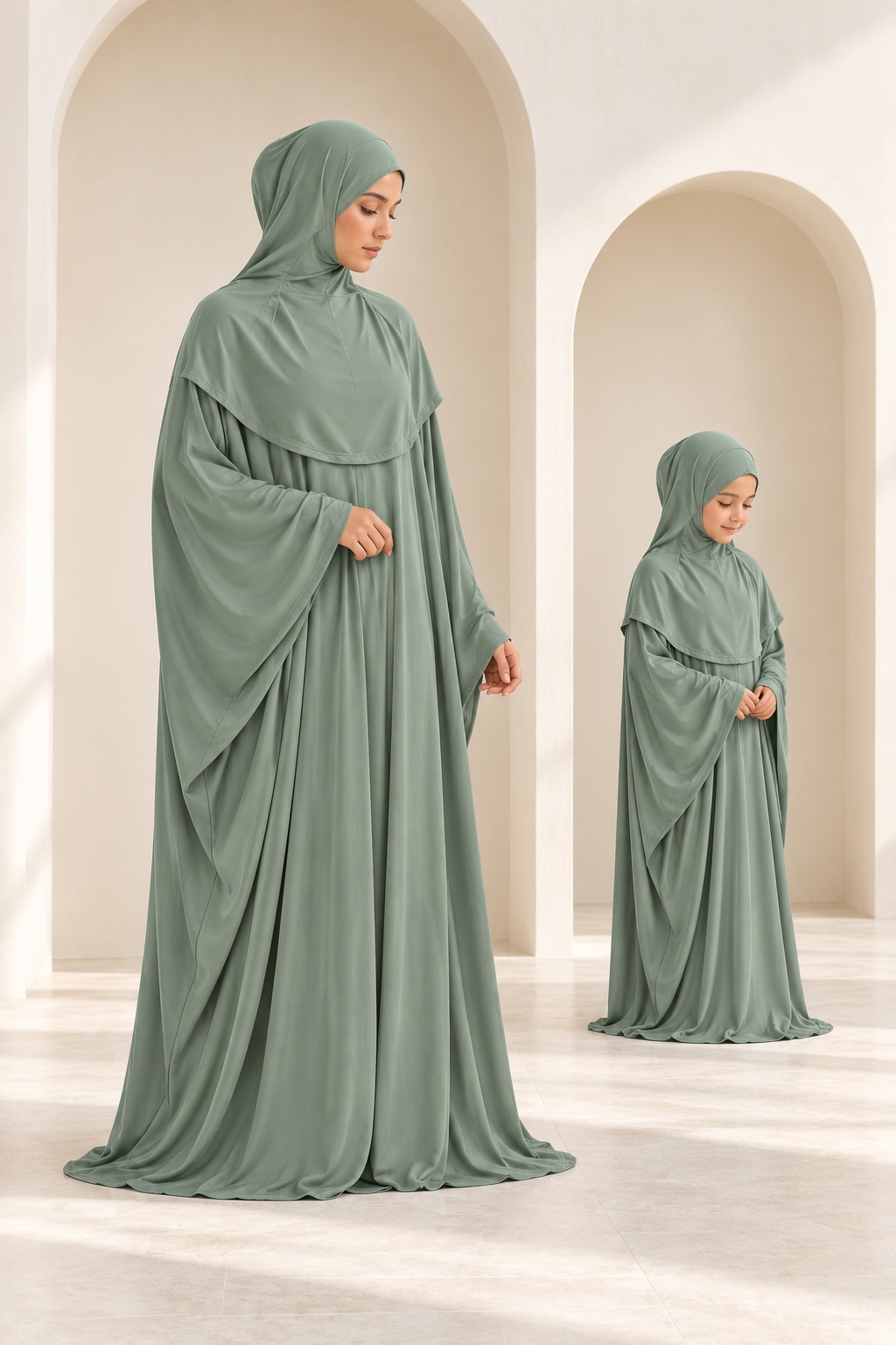 Duo de tenues de prière vert sauge, maman et fille