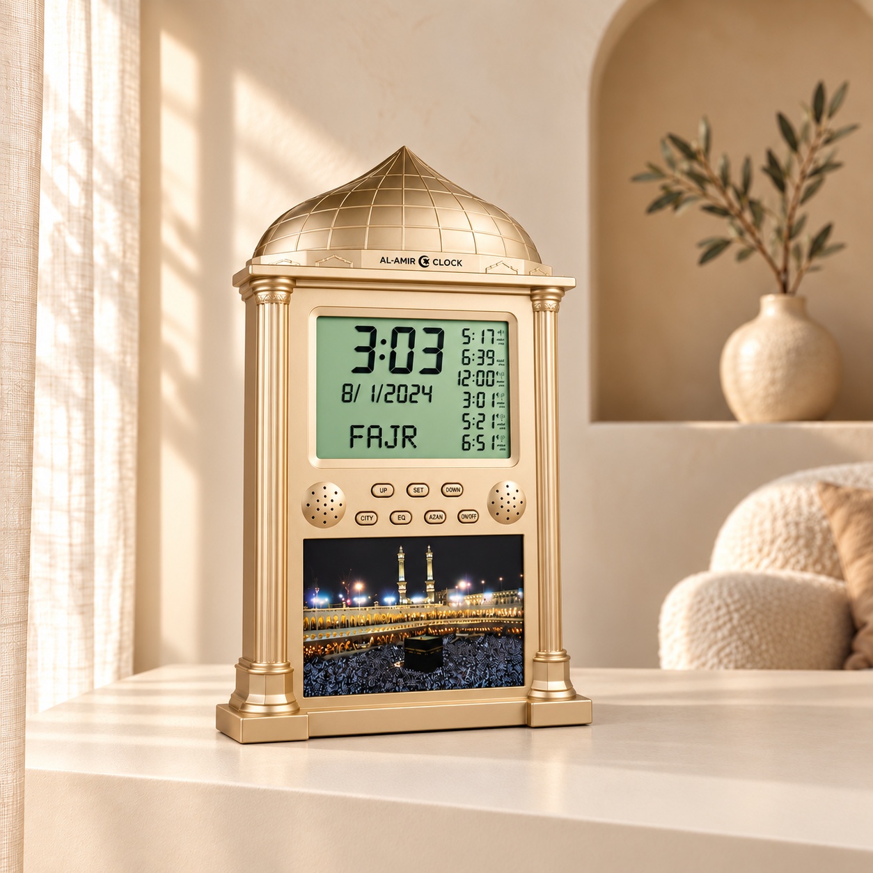 Horloge de prière Al-Amir, dôme doré, panneau photo de la Kaaba