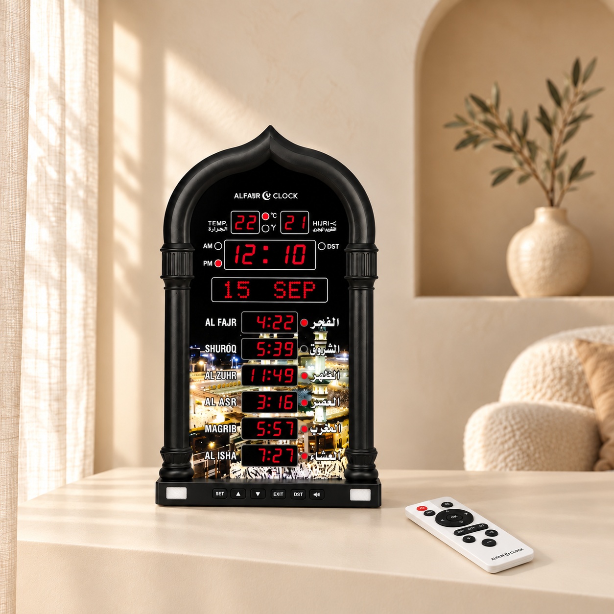 Horloge de prière Al-Fajr, arche noire, affichage des 6 prières