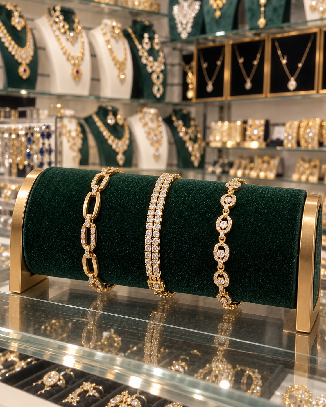 Trois bracelets dorés sertis de cristaux sur velours émeraude, JF Darna