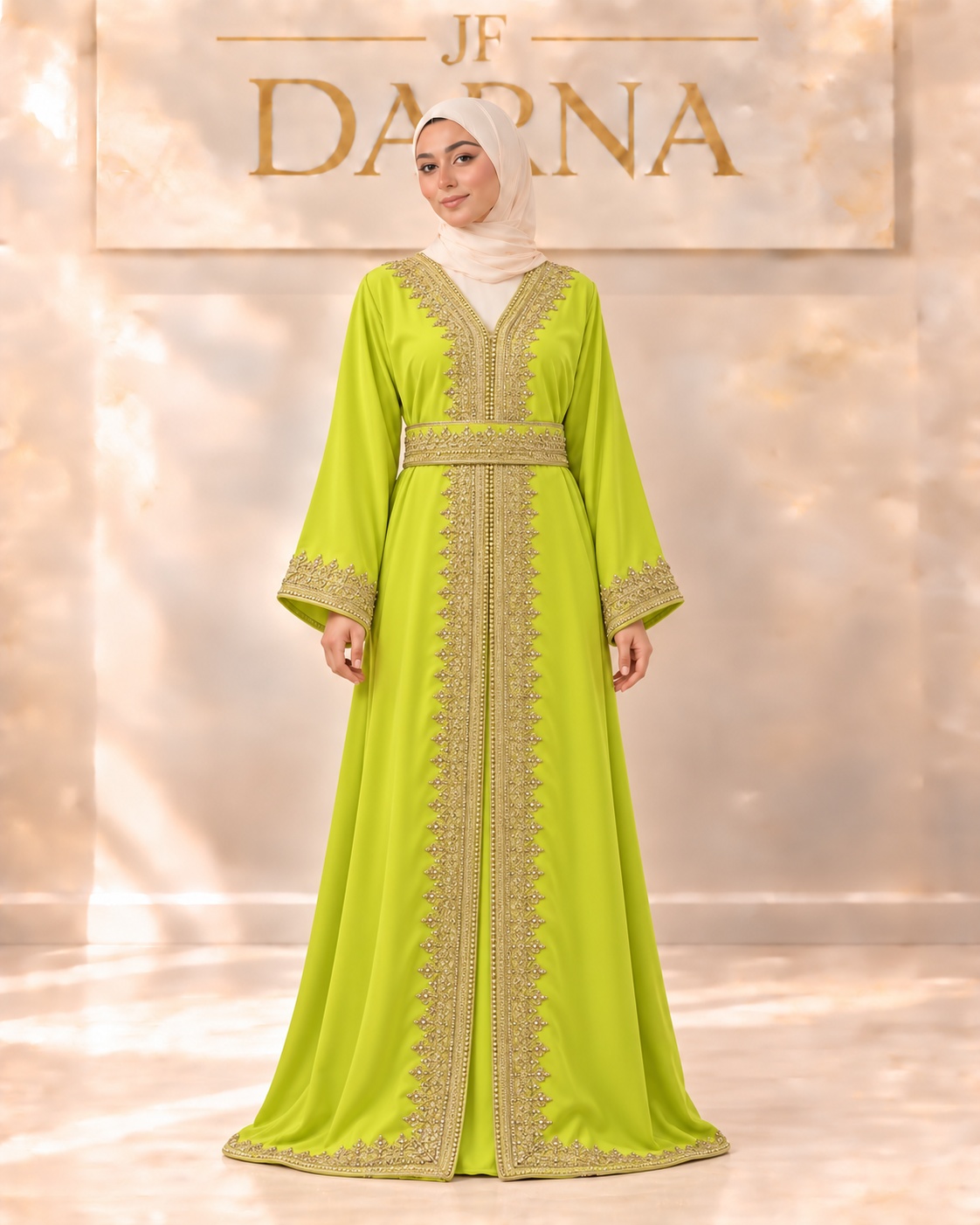 Caftan chartreuse brodé d'or, JF Darna