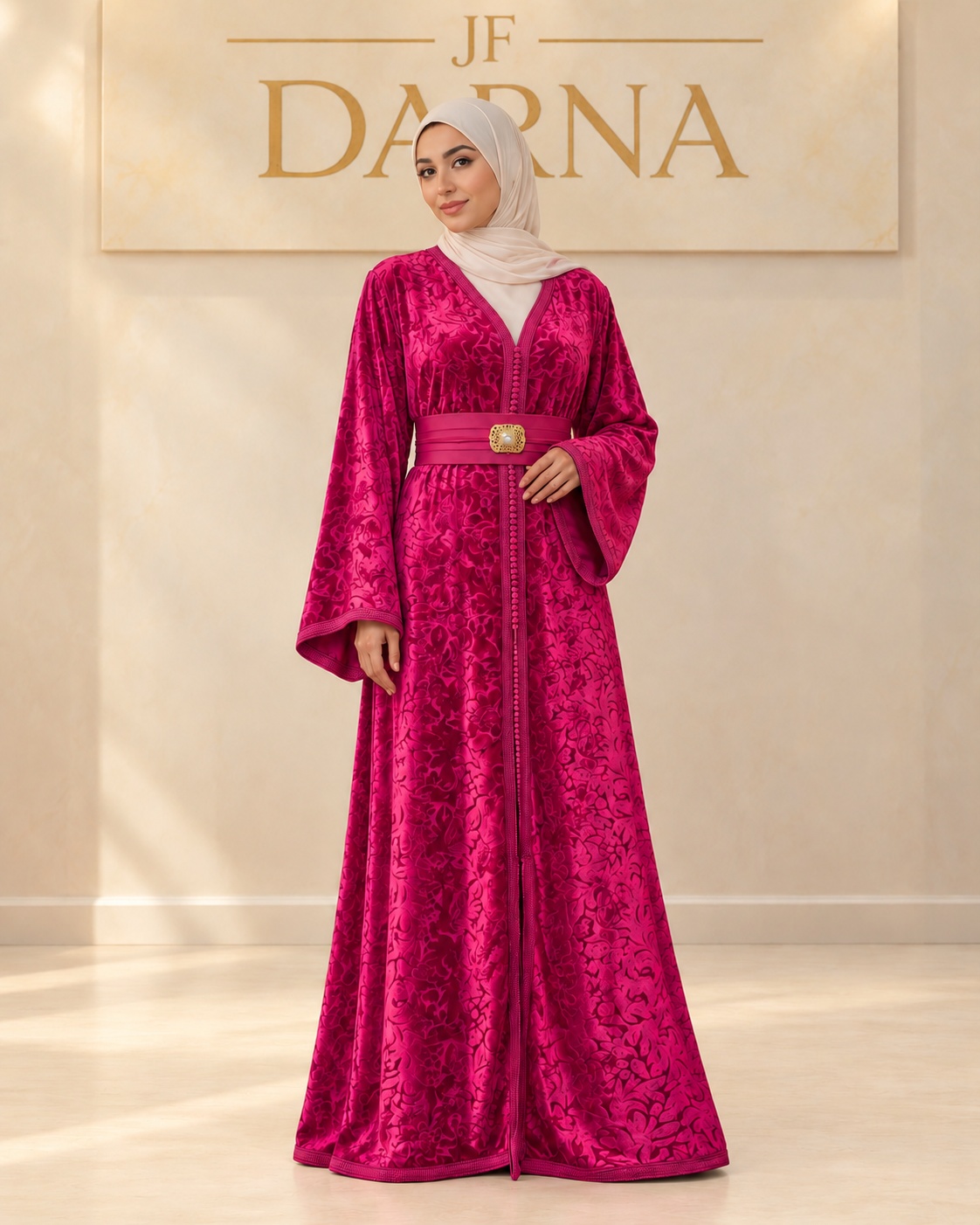Caftan fuchsia en velours fleuri, JF Darna