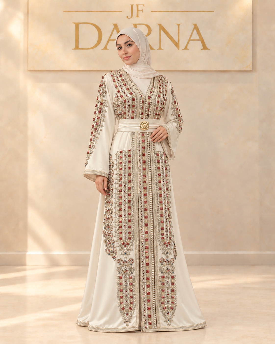 Caftan ivoire brodé de pierres et d'or, JF Darna
