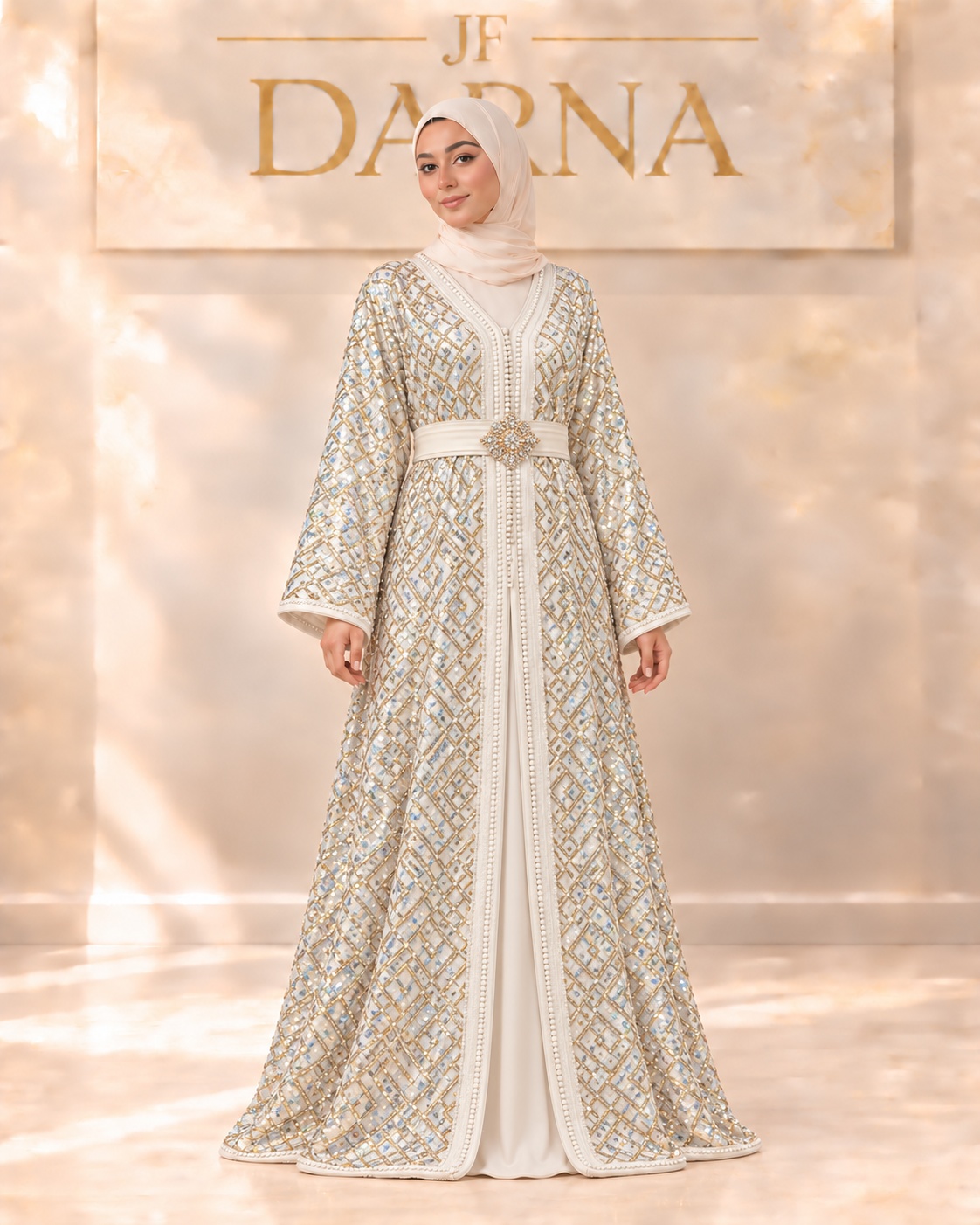 Caftan ivoire aux losanges argentés, JF Darna
