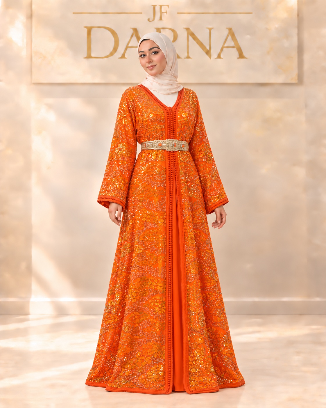 Caftan orange brodé, élégance marocaine, JF Darna