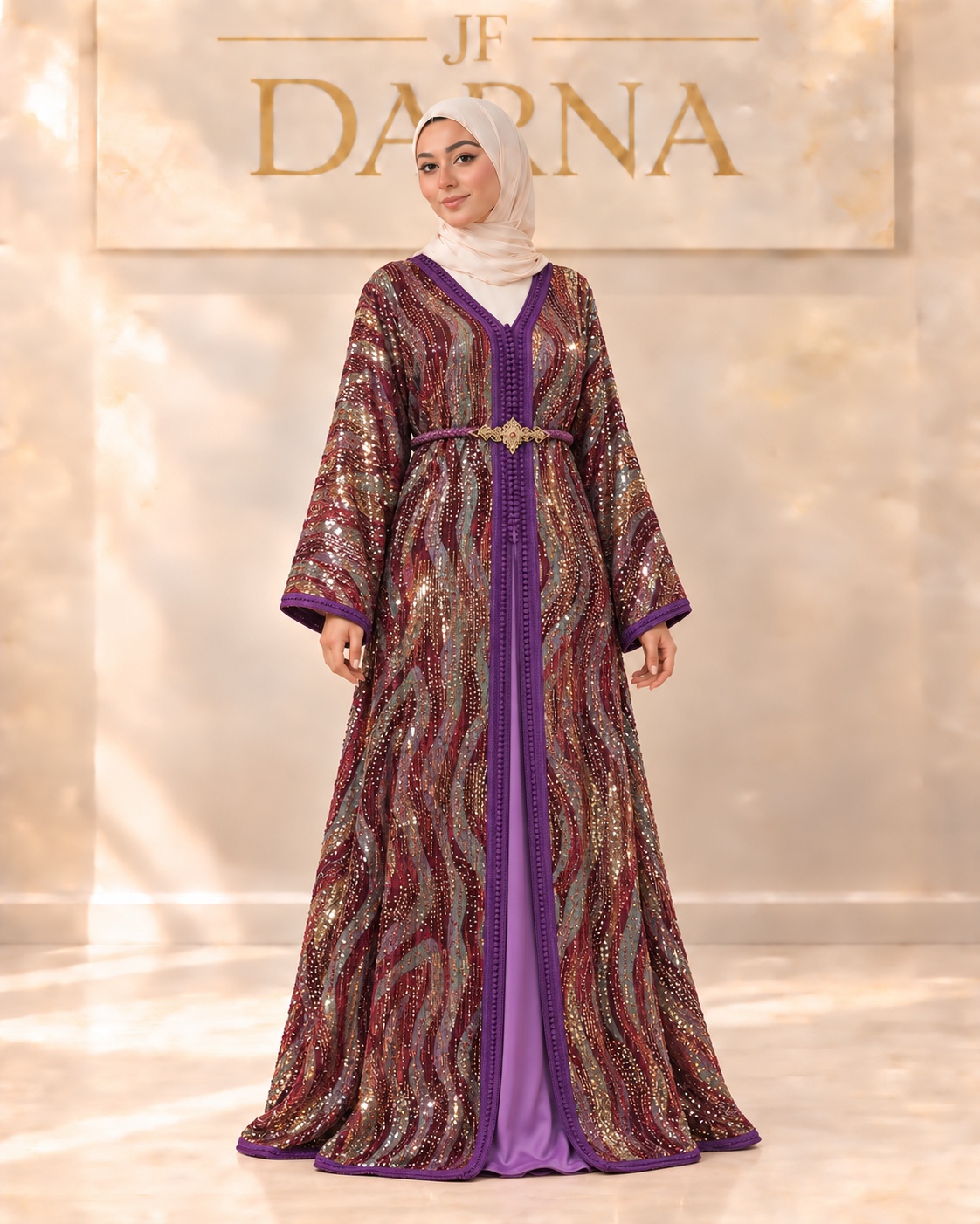 Caftan marocain violet à sequins, JF Darna