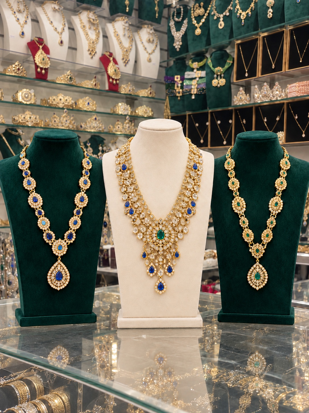 Trois colliers dorés sertis de pierres bleues et vertes, présentés en boutique JF Darna