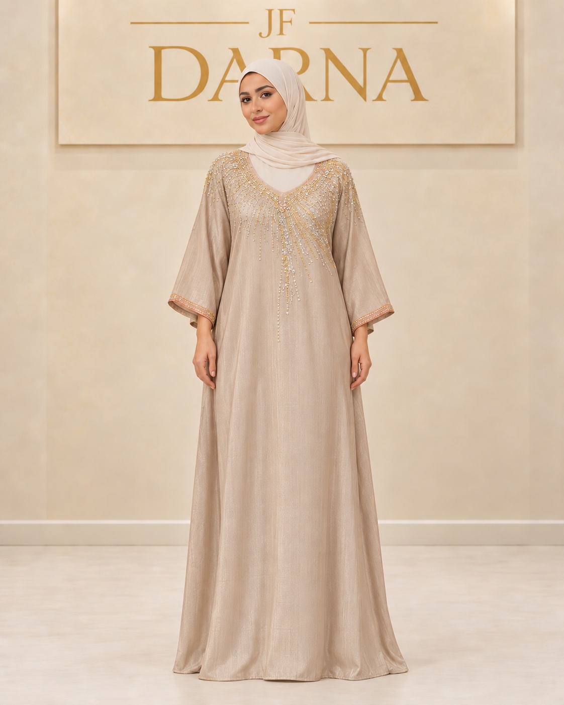 Kaftan champagne orné de cristaux, JF Darna