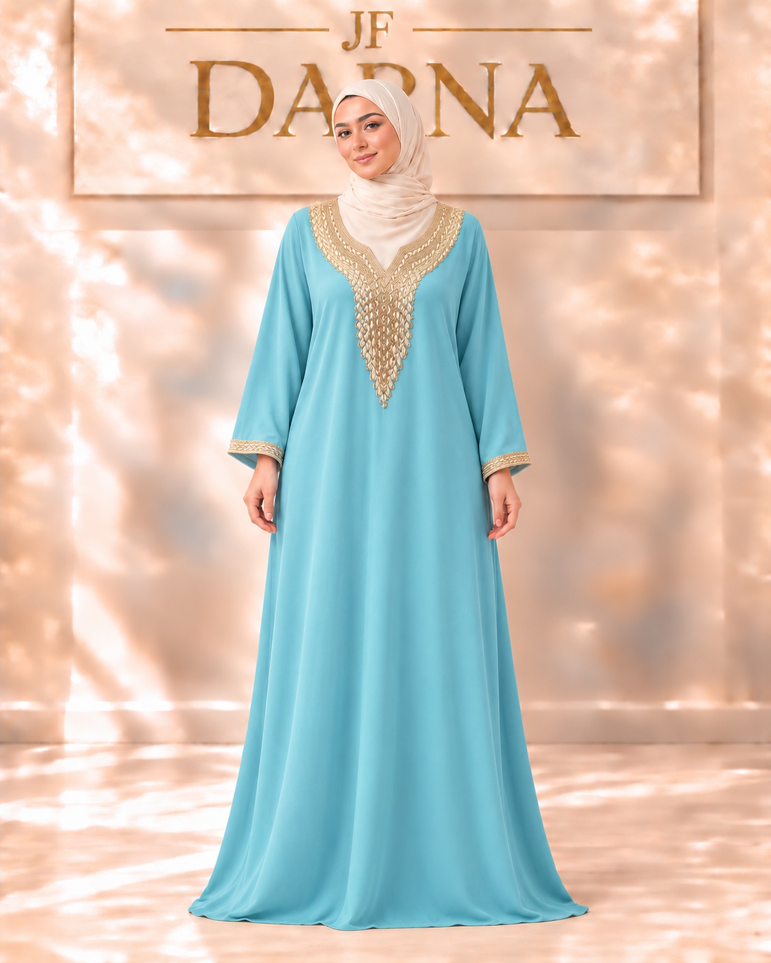 Robe aqua au plastron doré, JF Darna