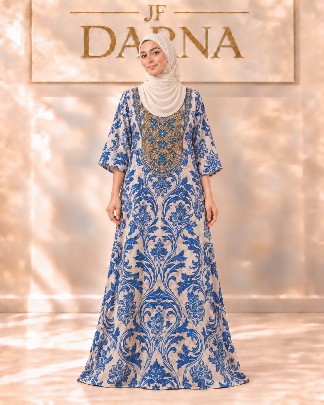 Robe imprimé baroque bleu et ivoire, plastron brodé doré et bleu, JF Darna