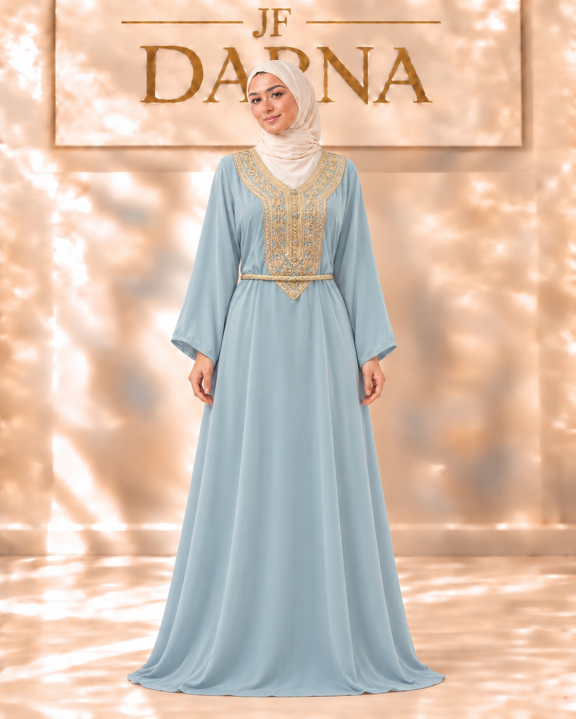 Robe bleu pâle aux broderies dorées, JF Darna