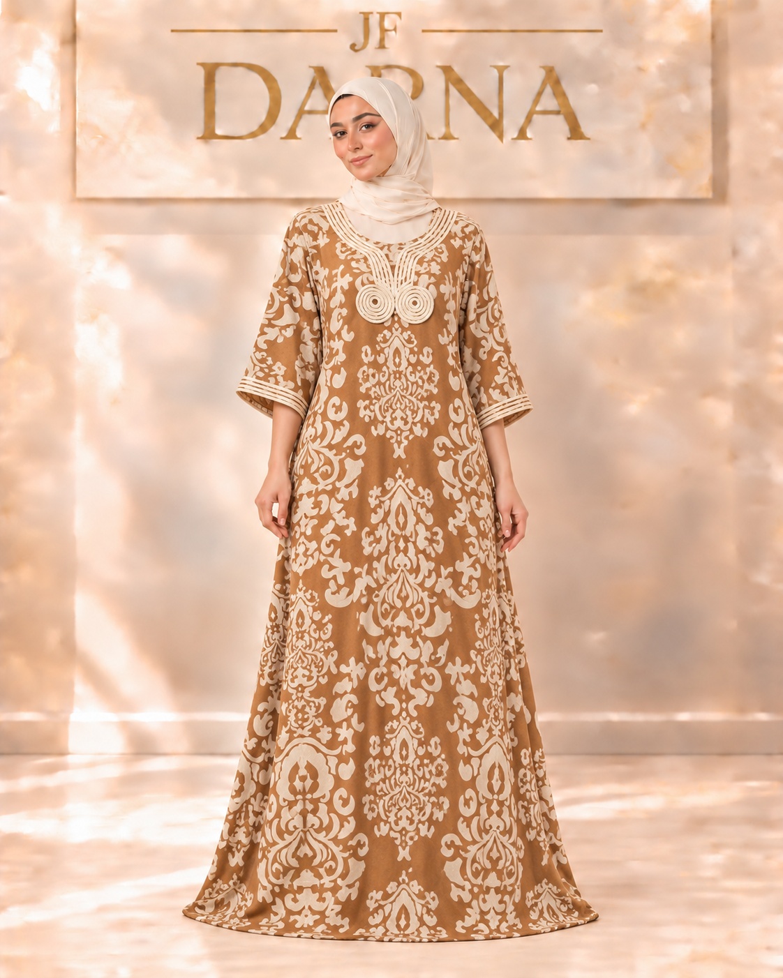 Robe camel aux motifs baroques, JF Darna