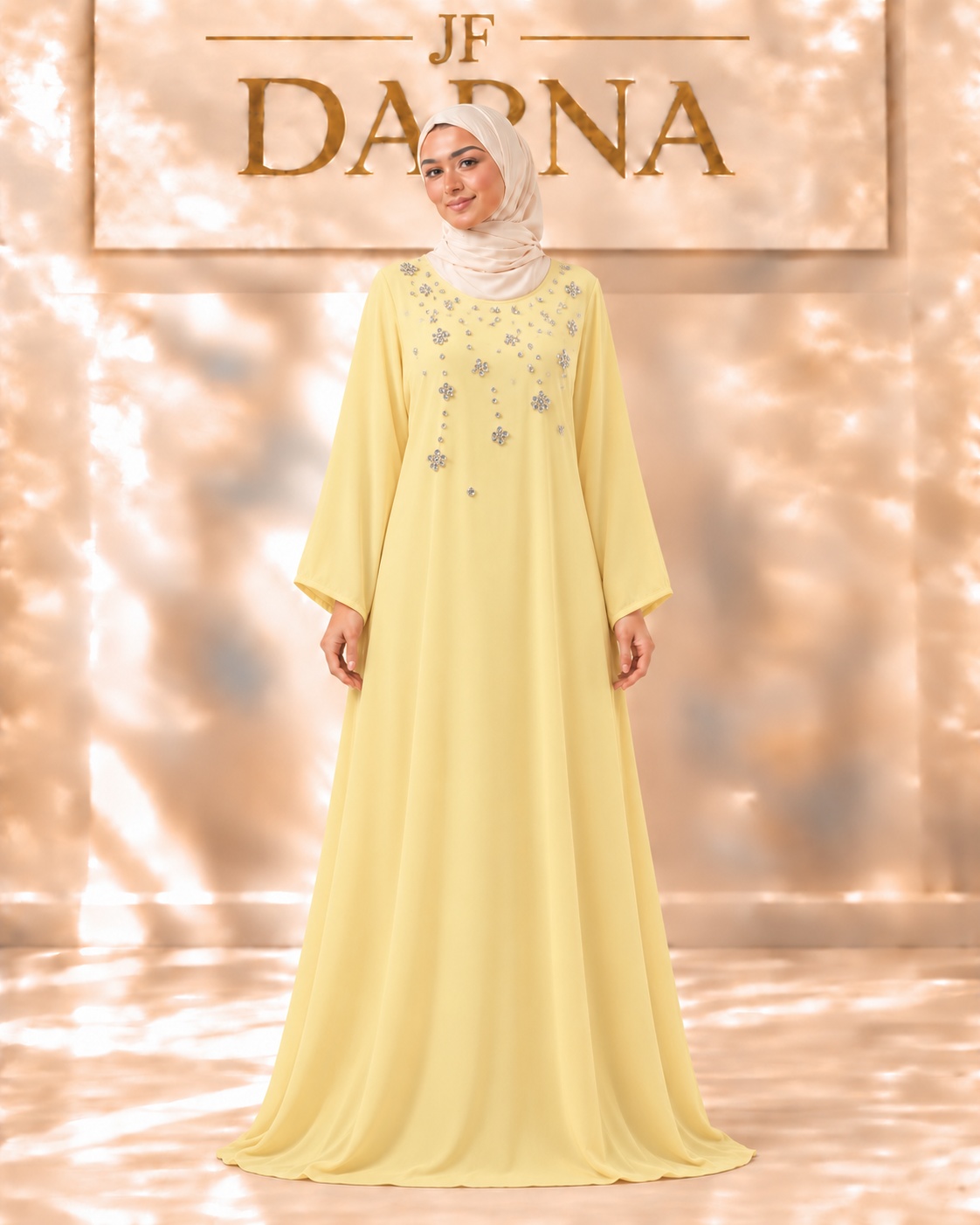 Robe jaune beurre aux cristaux fleuris, JF Darna