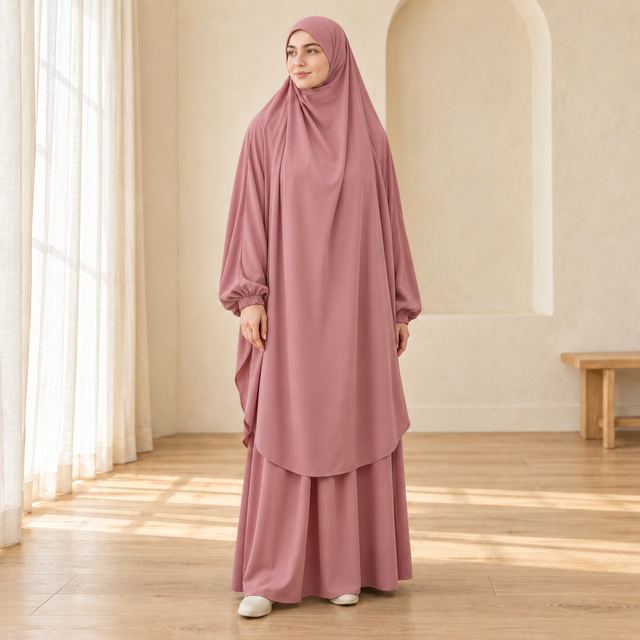 Jilbab rose poudré, en lumière naturelle