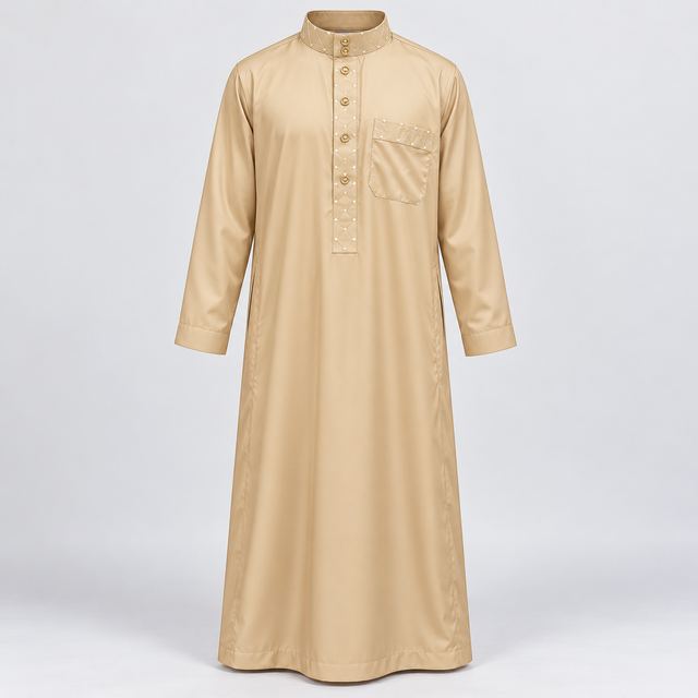 Qamis Beige brodé, boutons dorés